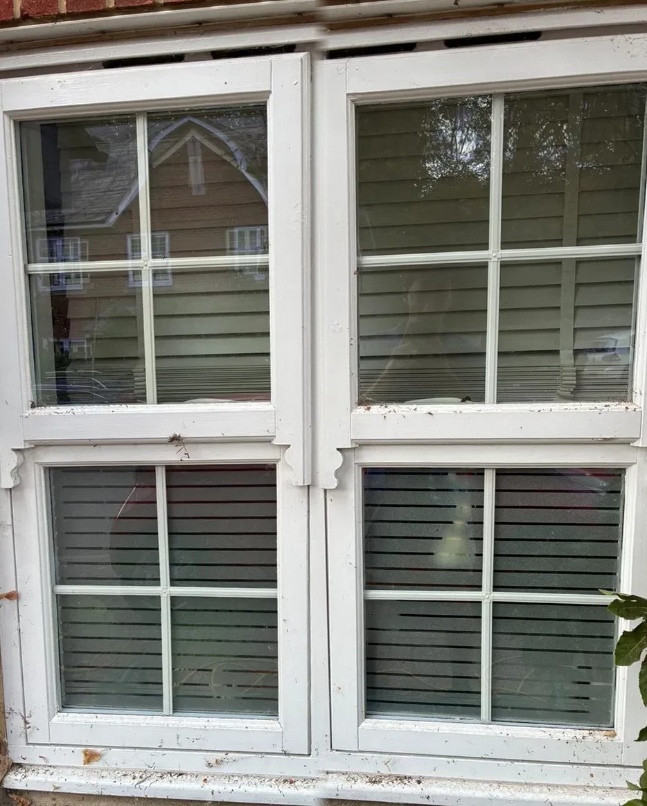 Before the clean: white window frames and sills covered in dirt, leaves and cobwebs