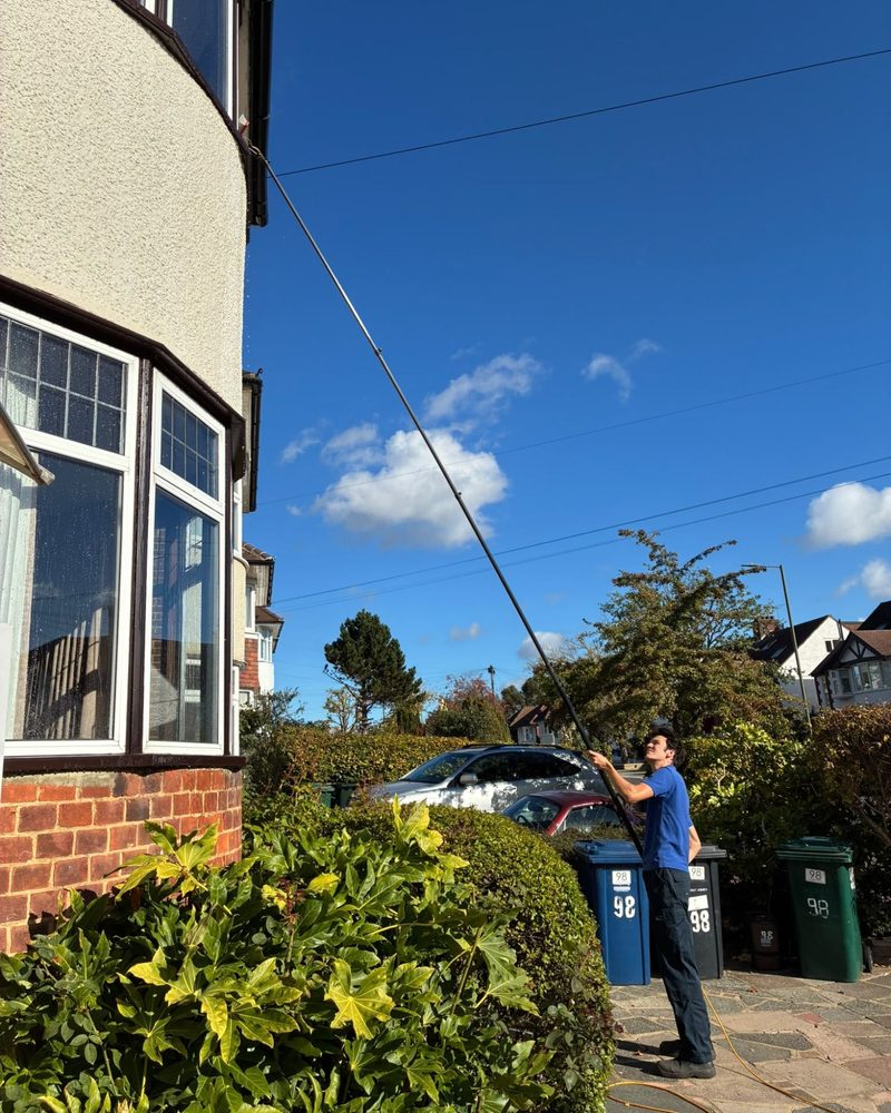 Zac looking up as he guides a long water fed pole to the top windows of a house